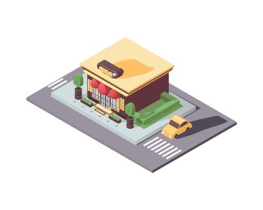 İzometrik beyaz izole mücevher dükkanı bina. 3D çizim şehir oluşturmak için iyi. Büyük vitrin, yeşillik ve gölgeler parlak renklerde çizilmiş, Araba.