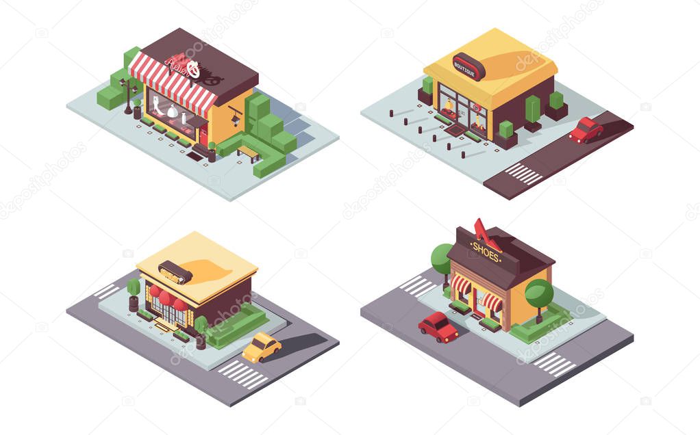 Isometric small business shops concept. Atelier, women dress and shoes boutique, jewelry in 3d, with shadows and greenery, integrated in city landscape. Vector concept illustration.