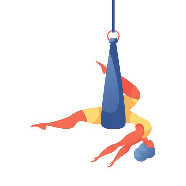 Vector concept illustration with young oversized woman doing aerial silk yoga in hammock or ribbon. Wellness isolated on white acrobatic girl in flat contemporary style. Released hands, head down