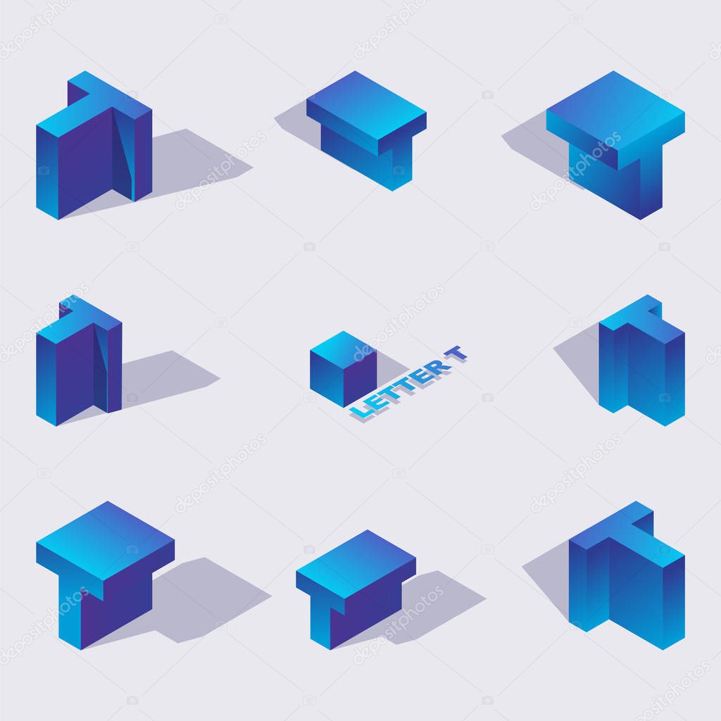 Vector collection with isometric 3d blue letters T or Te of cyrillic script in various foreshortening. 3d alphabet elements drawn with vivid gradients.