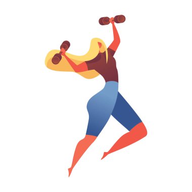 Kas genç kız ile küçük dumbbels atlama. Beyaz vektör spor karakter spor salonu ya da aerobik dersleri için iyi izole.