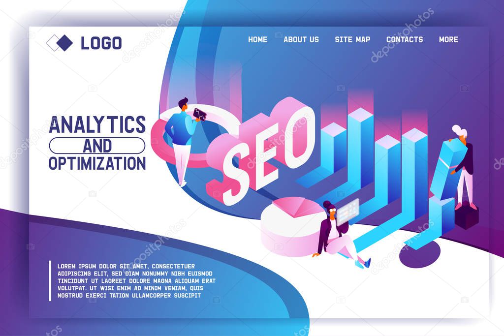 Landing page concept in isometric style with people, graphs and diagram foe search engine optimization. Seo team working with web data. Horizontal banner, good for web page.