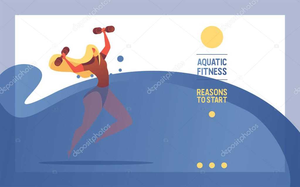 Vector horizontal flat illustration with water aerobics concept. Young woman with dumbbells in abstract water pool. Landing page or banner good for healthy swimming pool ad or promotion.