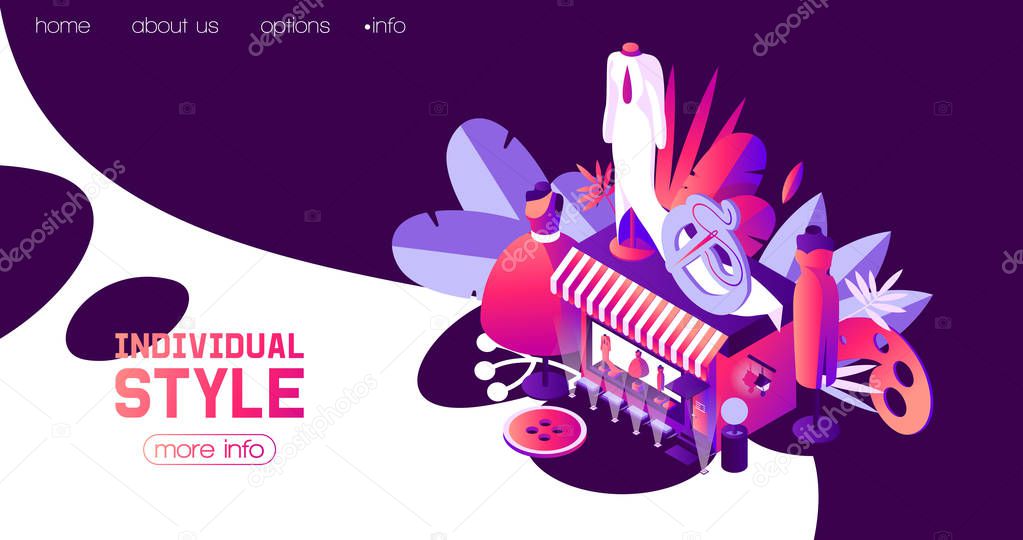 Landing page for individual sewer or woman clothes atelier in dark blue night scene. Vector concept isometric illustration good for web pages and fashion promotion.