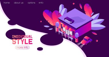 Açılış sayfa banner şablon içinde karanlık ve kontrast renkler pembe ve mavi canlı degradelerle takı iş veya dükkanı ve kuyumcu butik için çizilmiş vektör izometrik