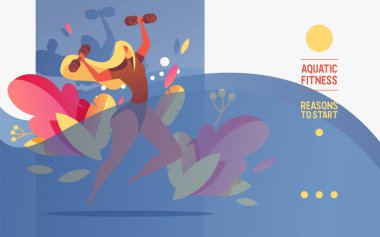 Yatay banner havuzu waterobics veya su aerobik yapıyor barbell ile genç kadın ile. Şablon dersler mavi dalga ve yeşillik ile Yüzme için iyi