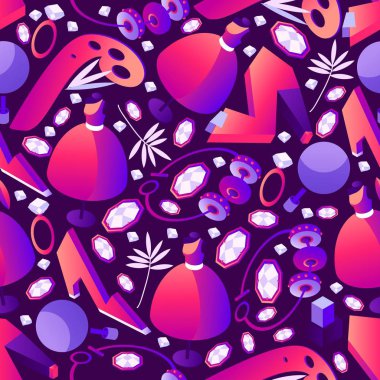 Canlı Degradelerde takı, elbise ve ayakkabı gibi izometrik kadın moda nesneleri ile vektör Dikişsiz desen