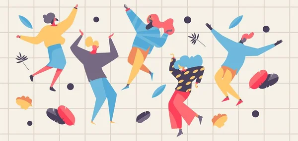 Ilustração do conceito vetorial com pessoas dançantes e vegetação. Happy Freedance caracteres planos em cores pastel —  Vetores de Stock