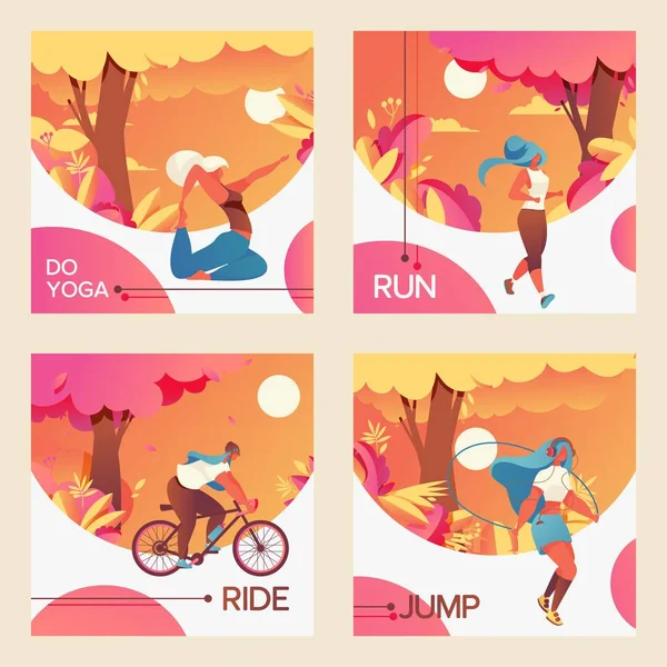 Cartes vectorielles carrées avec des jeunes filles à vélo, faire youga, sauter avec corde à sauter et le jogging. Couleurs vives dessinées avec des dégradés et une verdure vive. Sport collection mode de vie sain — Image vectorielle