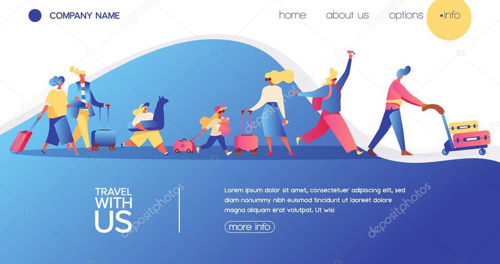 Vector concept banner with travelling people. Happy flat character with luggage, kids and bags. Landing page for vacation, buing avia tickets and travel agency