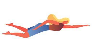 Beyaz tenli, kurbağalama yüzen genç bir kadın. Düz mayolu, renkli, cesur karakter.