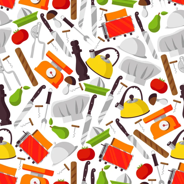 Seamless pattern with cook supplies and food, knifes and more equipment for dinner making. Flat objects on white background. — Stock Vector
