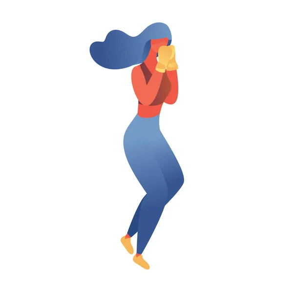 Mujer plana contemporánea entrenamiento boxeo. Aislado en la ilustración de caracteres vectoriales blancos dibujado con gradientes vivos, en guantes de protección — Vector de stock