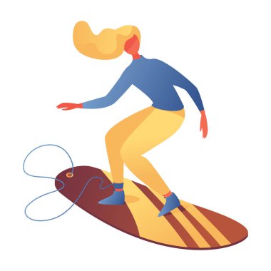 Young woman on surfing board, isolated on white. Active character in flat style, good for surf school or classes. Healthy and extreme lifestyle illustration