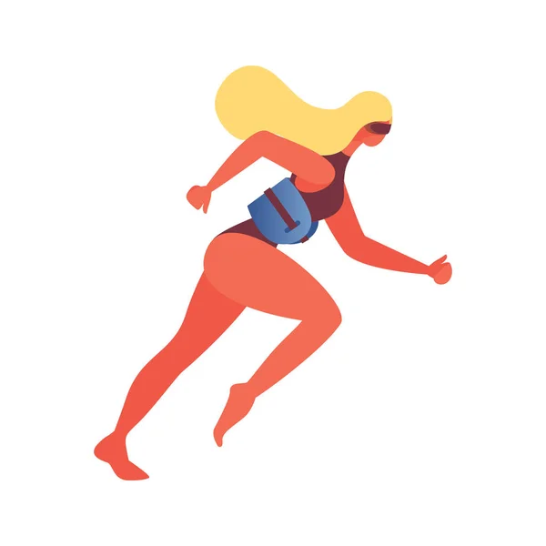 Beyaz arka planda izole edilmiş genç bir kadın. Su koşusu için bilardo konsepti çizimi, spor kemer yüzdürme cihazı ekipmanları ve gözlüklerle. Sarışın karakter, su aerobiği web sitesi için iyi. — Stok Vektör