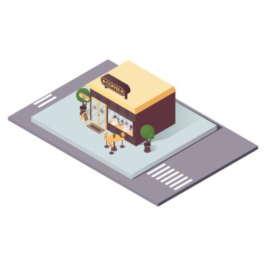 Vektör kavramı isometrik sahne kafe veya kafe dükkanı ile. Masa ve sandalyeler ile Şehir günü sahne, bardak, yeşillik ve sokak çizgisi ile vitrin.