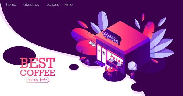 La mejor pancarta de la escena de la noche de café para café o tienda de té. Edificio isométrico brillante con vegetación y mesas, bueno para landing page o publicidad web. 3d colores brillantes, gradientes vivos — Vector de stock