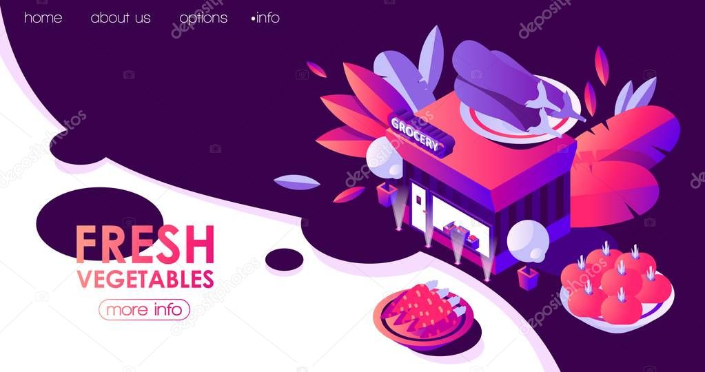 Landing page template with isometric grocery building. Night scene with fresh vegetables