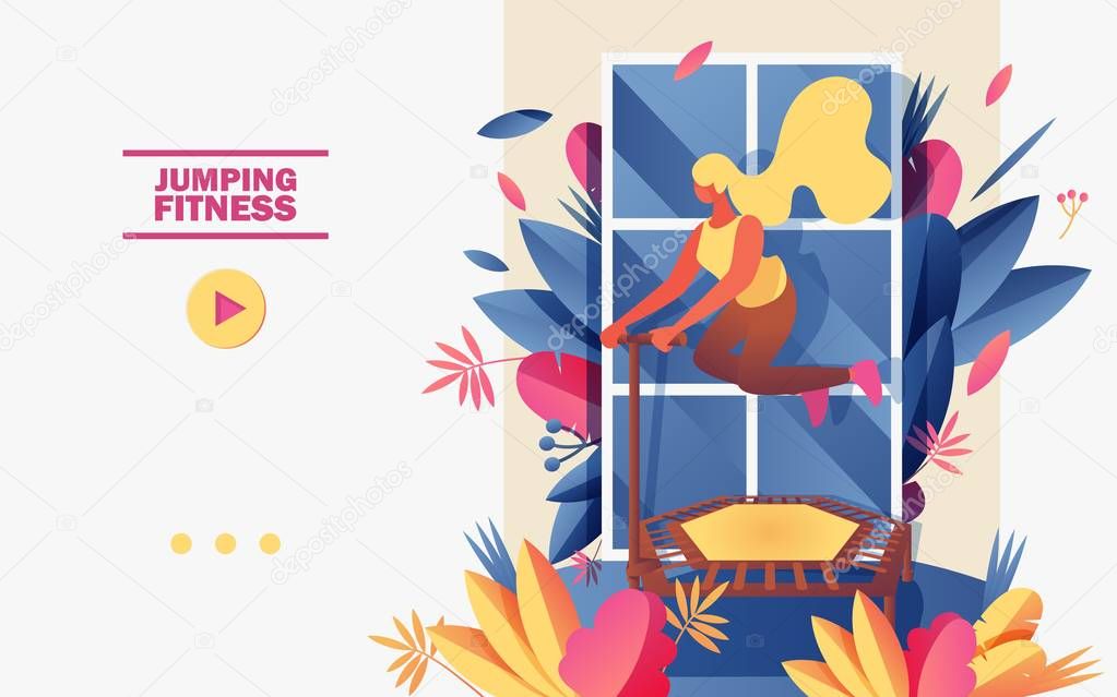 Vector concept sport banner or landing page template with young woman rebounce on trampoline. Flat character doing jumping fitness exersice drawn with greenery and vivid gradients