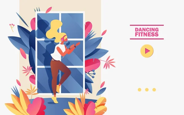 Bandiera della scuola di fitness di danza o modello garient pagina di destinazione. Illustrazione concetto vettoriale con giovane donna battendo le mani e godendo di sport vigoroso esercizio davanti alla finestra e verde vivido — Vettoriale Stock