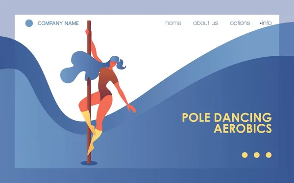 Pole dancing horizontal web banner or landing page template. Blue wave, young woman with elegant pose — Stock Vector