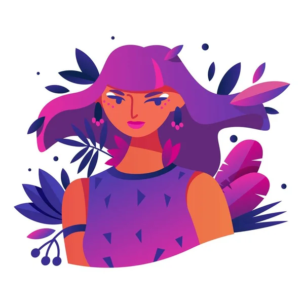 髪に葉を持つピンクと紫の若い女の子の文字で明るいグラデーションで描かれています。コンテンポラリーイラストアバター、白で隔離 — ストックベクタ