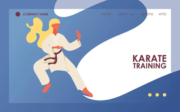 Femme aux cheveux blonds en kimono debout en position de combat d'entraînement de karaté. Modèle de page de destination ou de bannière concept vectoriel — Image vectorielle