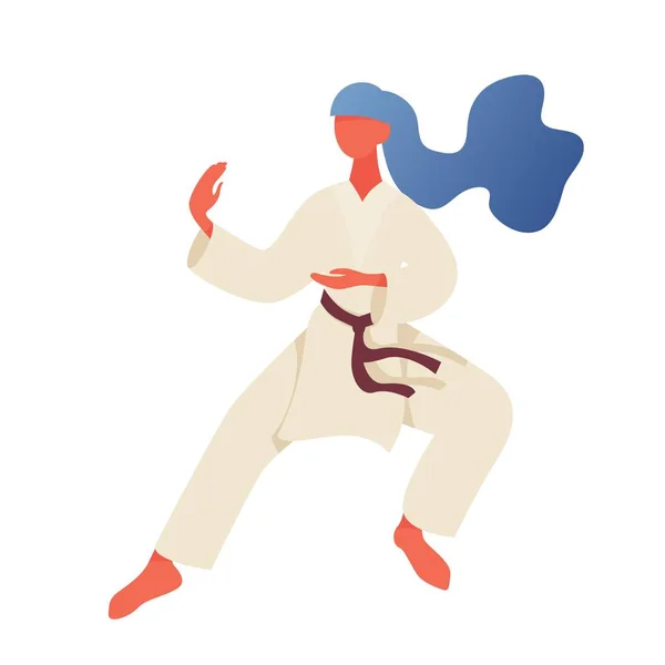 Jonge platte vrouw karakter in moderne tekening stijl staande in de strijd positie van karate in kimono. Vector concept illustratie — Stockvector