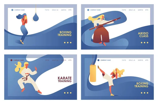 Vector concept banners with fight girls and young women doing martial arts training. Boxing, kickboxing, aikido and karate exercise on landing pages with blue waves