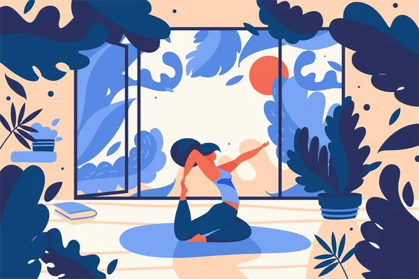 Menina fazendo treinamento de ioga em casa na frente da janela e vegetação no quarto. Ilustração vetorial conceitual em azul e laranja — Vetor de Stock