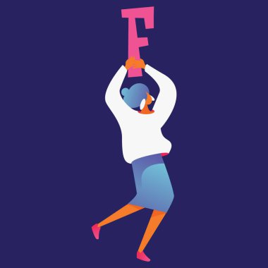 Elinde büyük harf F ile koyu mavi arka plan kadın karakter izole. Vektör kavramı illüstrasyon yaratıcı harfler ve eğitim tırnak için iyi.