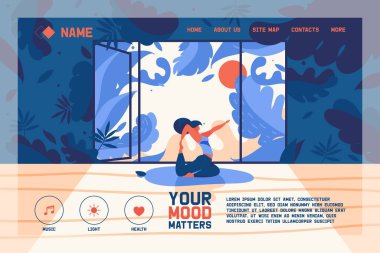 Vektör kavramı afiş veya açılış sayfası yoga sınıfları veya yogi stüdyo web sayfaları için şablon. Flar karakter, yeşillik ve gün batımı ile açık pencere