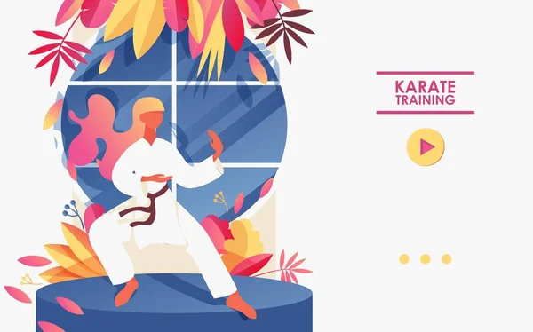 Junge Frau beim Training im weißen Kimono. Grundposition im Karate, dekoriert mit Grün und hellen runden Fenstern. Landing Page Header Banner für Gymnastikkurse oder Studio-Vorlage mit Karateka — Stockvektor