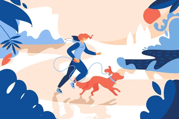 Genç gülümseyen kadın readhead köpek ile koşu. Yeşillik ve güneş ile dış sahne, parlak mavi ve turuncu renklerle çizilmiş. Sağlıklı yaşam tarzı ve evcil hayvan aşk için canlı kavram illüstrasyon
