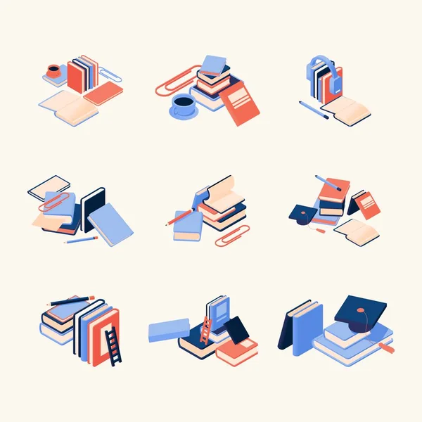 Compositions vectorielles avec livres, café et stylos, bonnes pour décorer des sites Web éducatifs, des pages Web scolaires et des cours. Collection isométrique vectorielle aux couleurs vives — Image vectorielle