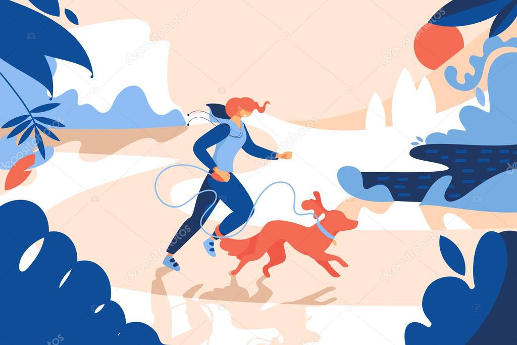 Young smiling woman jogging with readhead dog. Exterior scene with greenery and sun, drawn with bright blue and orange colors. Vivid concept illustration for healthy lifestyle and pets love