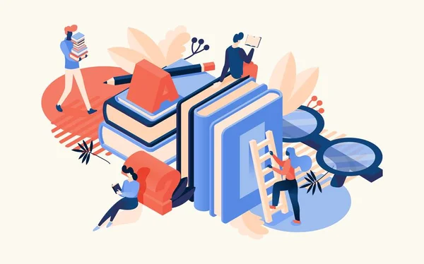 Escena isométrica vectorial con grandes libros, gafas, letra a y personas leyendo. Dibujado con colores naranja brillante y azul educativo aislado en la ilustración concepto de fondo — Archivo Imágenes Vectoriales