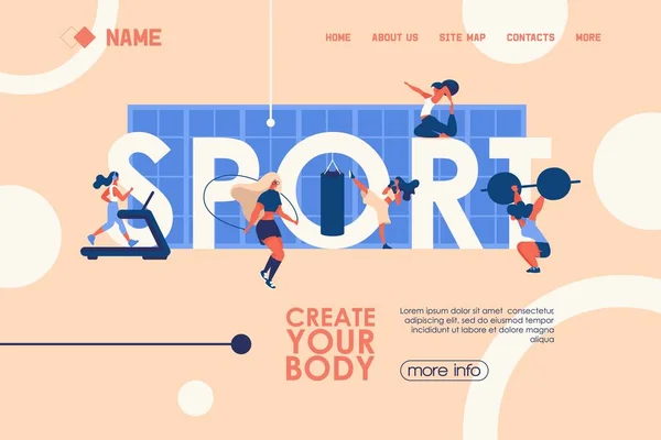 Concept banner for healthy lifestyle, gym courses and classes with large word sport and young woman training. Vector landing page template — Stock Vector