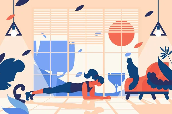 Escena interior con mujer haciendo posición de tablón. Gimnasio en casa frente a la ventana, con silla elegante y gato sentado. Ilustración interior plana para un estilo de vida saludable deportivo — Vector de stock