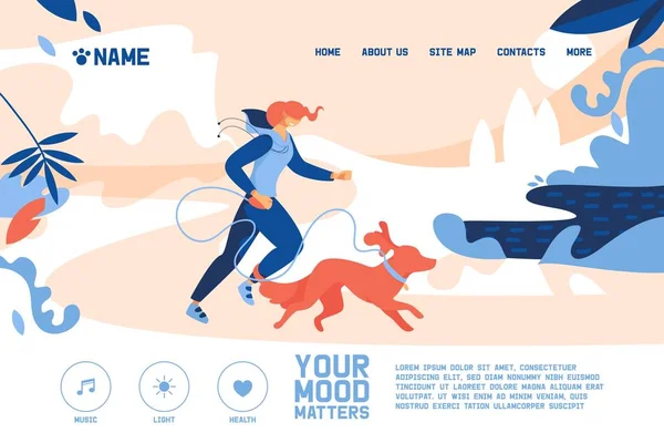 Banner conceptual con una mujer joven corriendo con un gran perro naranja. Ilustración vectorial al aire libre con paisaje no urbano, árboles y vegetación — Archivo Imágenes Vectoriales