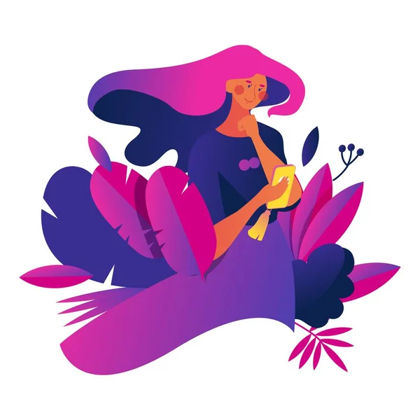 Ilustração conceitual com a jovem com seu smartphone, decorada com vegetação e folhas. Brilhante isolado em caráter branco desenhado com gradientes arrojados feitos com rosa e roxo — Vetor de Stock