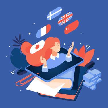 Tabletten, bayraklardan, yeşilyapraklardan ve mavi arka planda izole edilmiş kitaplardan kadınla dil öğrenme hakkında vektör kavramı izometrik illüstrasyon