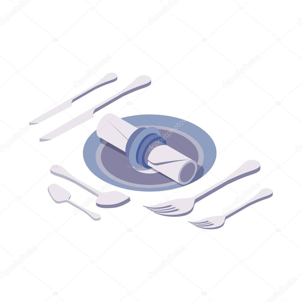 Isometric scene setup good for dinner in cafe or restaurant. Table setting with napkin with ring and cutlery