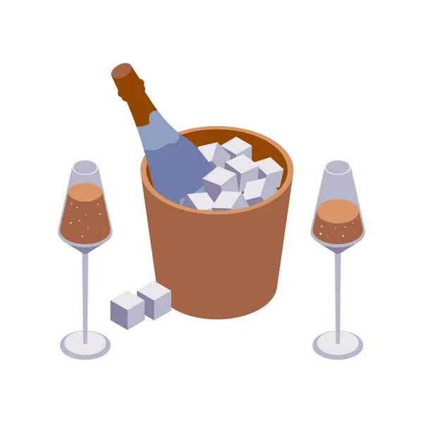 Adegan closeup Isometrik dengan dua gelas anggur dan ember anggur berkilau dengan batu dan gelembung terisolasi pada putih . - Stok Vektor