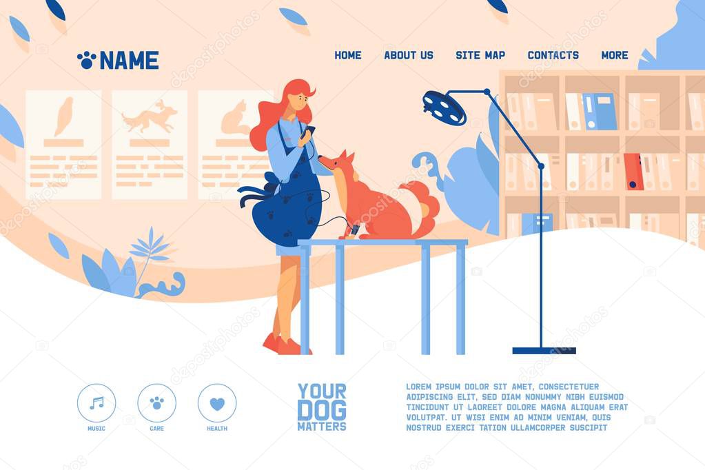 Concept vector banner or landing page template for veterinarian doctor or vet clinic in pastel beige and bright blue and orange colors. Dog and friendly woman checking blood pressure.