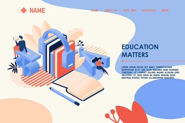 Isométrico aprendizaje idiomas concepto landing page para cursos o escuela en estilo 3d. Plantilla de banner de educación online . — Vector de stock