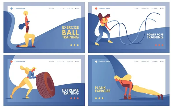 Collection of landing pages template or horizontal banners concepts good for extreme training at gym with tire, ball, power rope and weights, decorated with blue waves, good for web pages header — Stock Vector