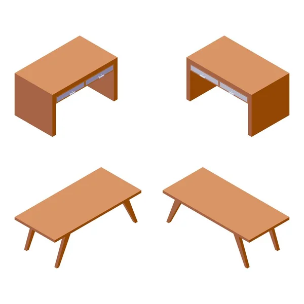 Коллекция векторной изометрической мебели. Разнообразное укорочение простых деревянных столов и комодов, хорошо подходит для оформления интерьеров в гостиничных номерах, в помещениях гостиной или в шкафах — стоковый вектор