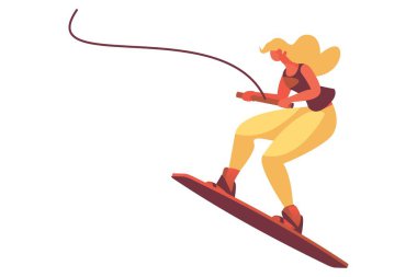 Gemideki genç kadın beyazın üzerinde izole edilmiş. Vektör kavramı illüstrasyon wakeboard gezileri ve deniz ve göllerde su faaliyetleri için iyi. Dinamik pozda düz modern karakter