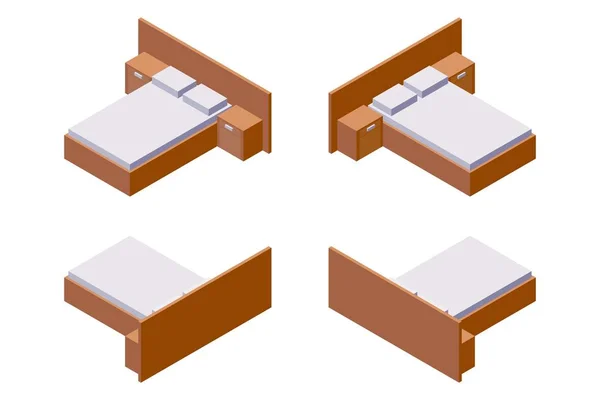 Двуспальная кровать с прикроватными тумбочками в изометрическом стиле в различных направлениях. Изолирована на белой деревянной коллекции, хорошо подходит для оформления интерьера и гостиничных номеров — стоковый вектор